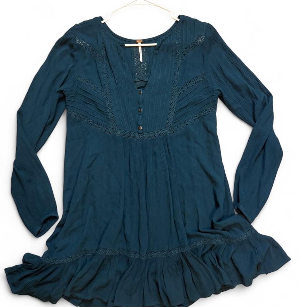 Free People Teal Crochet Lace Ruffle Tunic Mini Dress XS Boho